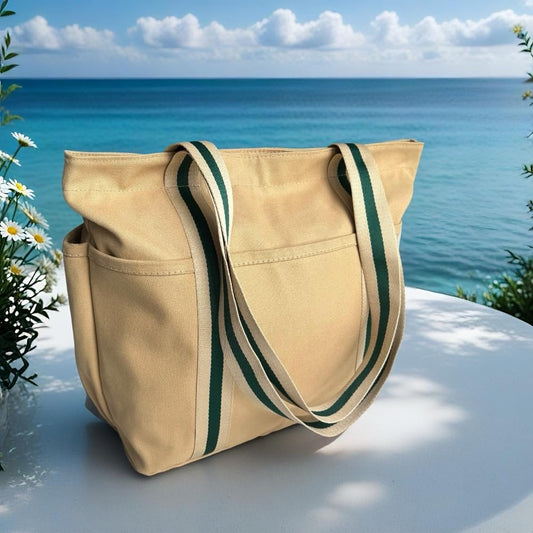 Augbunny 16OZ 100% Cotton Canvas Lined Grocery Shopping Diaper Bag Zipper Closure Beach Casual Multi Purpose Tote