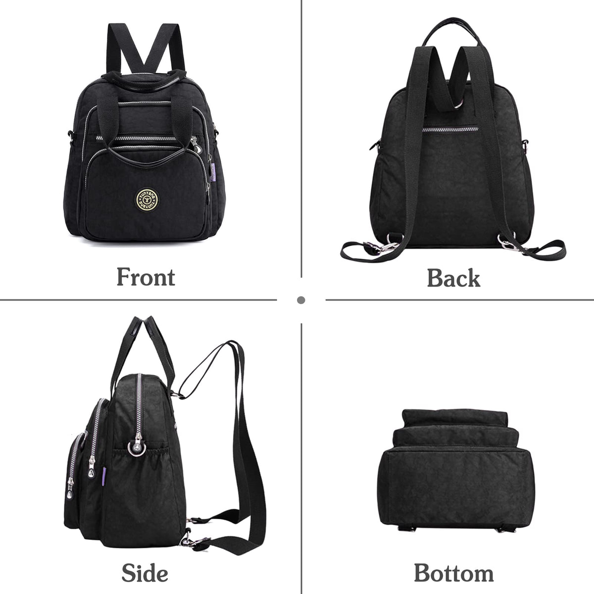 PORRASSO Casual Backpack Women Shoulder Bag Ladies Crossbody Bag Nylon Handbag Girl Daypack for Work Travel Daily Use, Black, L, Daypack Backpacks