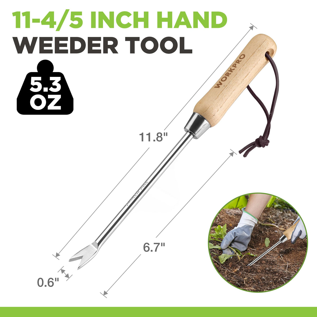 WORKPRO Dandelion Weeder Puller Tool with Wood Handle, Polished Stainless Steel Garden Weed Remover Tool, Two-Pronged Fork Weeder Tool for Lawn Farmland Transplant Gardening Plant Tool