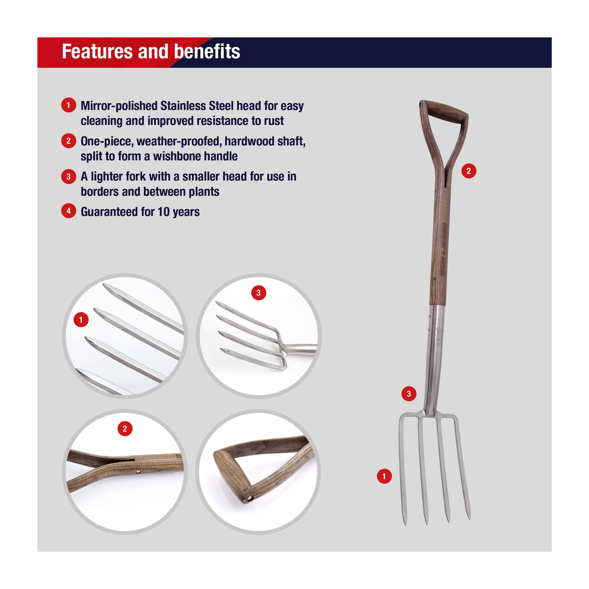 Spear & Jackson Traditional Stainless Steel Border Fork, Durable Heavy Duty Garden Tool, Ideal for Aerating Weeding and Digging, Comfortable Wooden Handle