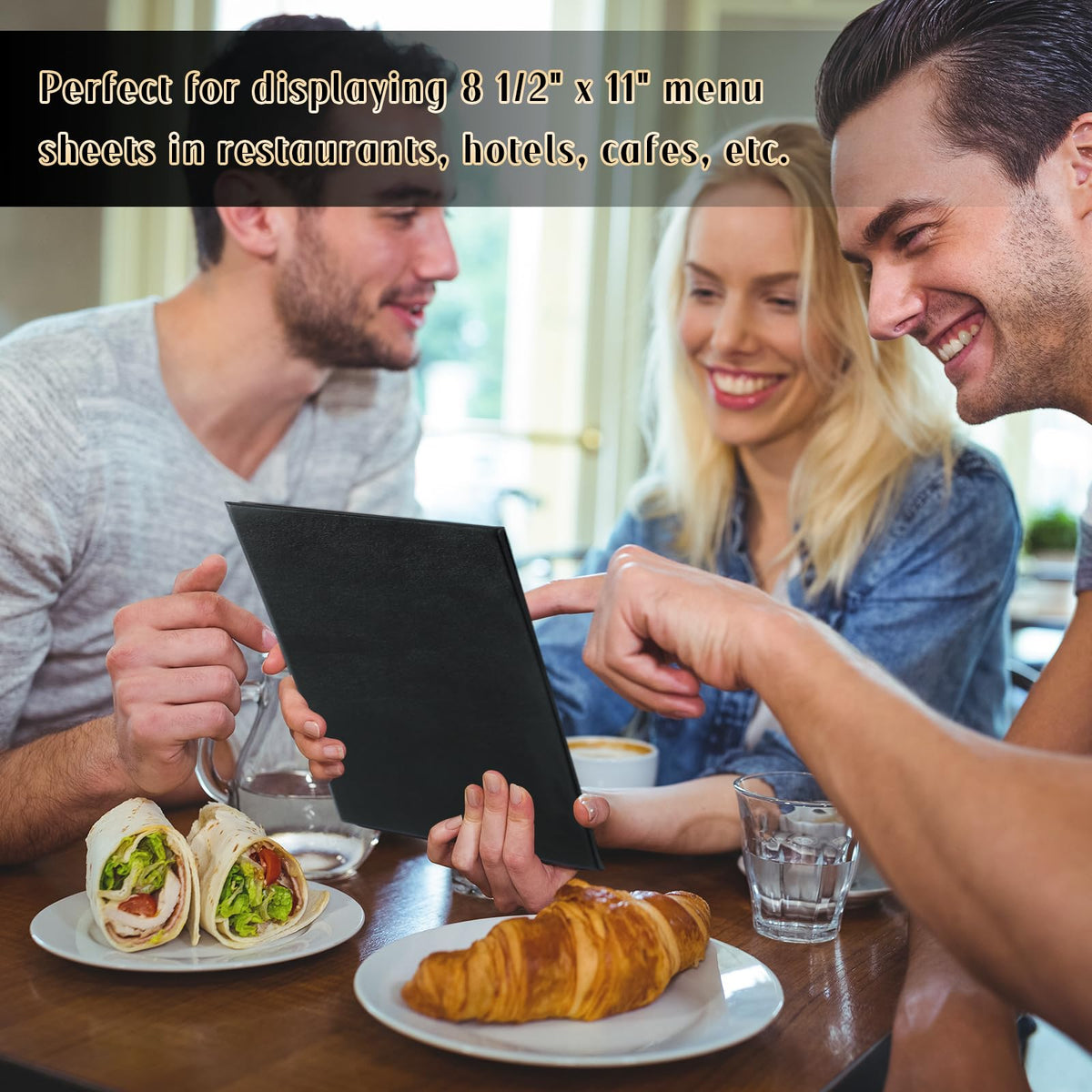 FLKQC Restaurant Menu Covers Holders 8.5 X 11, 5 Pack Synthetic Leather Menu Holder Covers Book Style with Angled Corners Black for Wine List, Certificate Organizer Diploma Holder (4 Page 6 View)