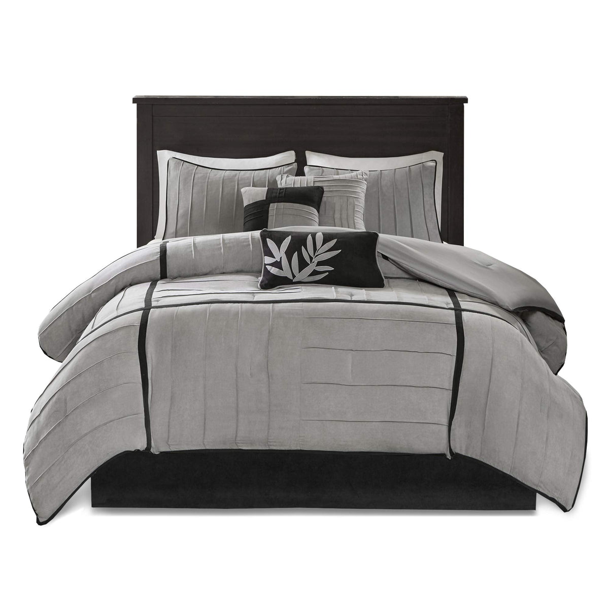 Madison Park Cozy Comforter Set Casual Blocks Design All Season, Matching Bed Skirt, Decorative Pillows, Queen(90"x90"), Dune Suede, Black Grey, 7 Piece