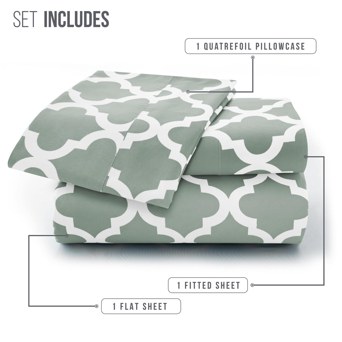 LUX Décor Quatrefoil Twin Sheet Set - 3 Piece Ultra-Soft Microfiber Bed Sheets with Flat Sheet, 16 Inches Deep Pocket Fitted Sheet & Pillowcases, Breathable, Bedroom Decor, Oeko-TEX - Grey White