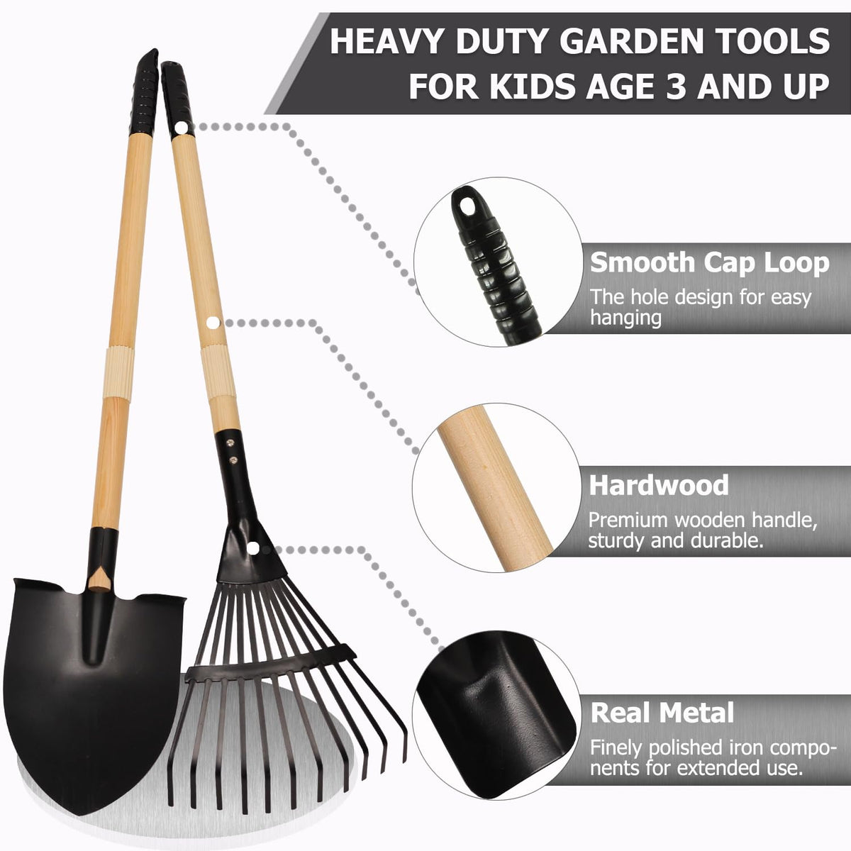 CHEERBANK 7PCS Kids Gardening Tools, Long Shovel, Rake for Leaves, Spade, Hoe, Steel Heads & Real Wood Handle, Yard Tools for Children Toddlers Gifts