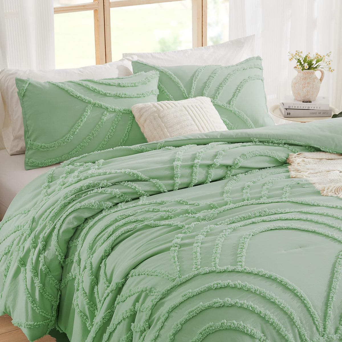 ENJOHOS Light Green Full Comforter Set - Full Size Boho Style Comforter, 3 Pieces Rainbow Bedding for All Season, Lightweight Soft Microfiber Comforter with 2 Pillowcase