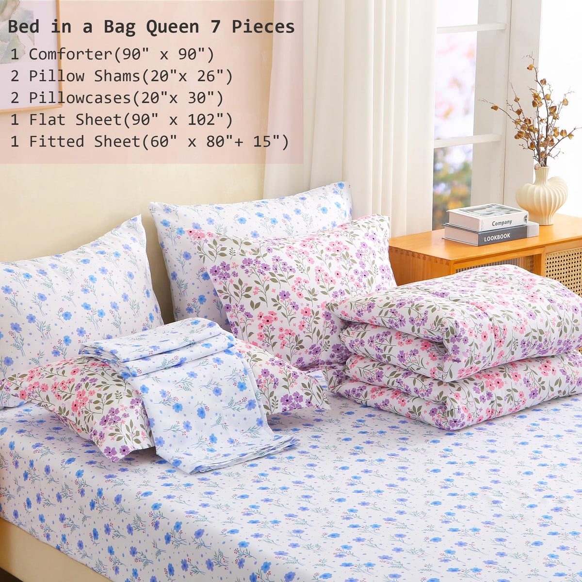 lasoftan Floral Queen Comforter Set with Sheets, 7 piece Luxury Vintage Bedding, Soft Microfiber Bed in a Bag, Cozy Lightweight Bed Set, Purple Flower Green Leaf