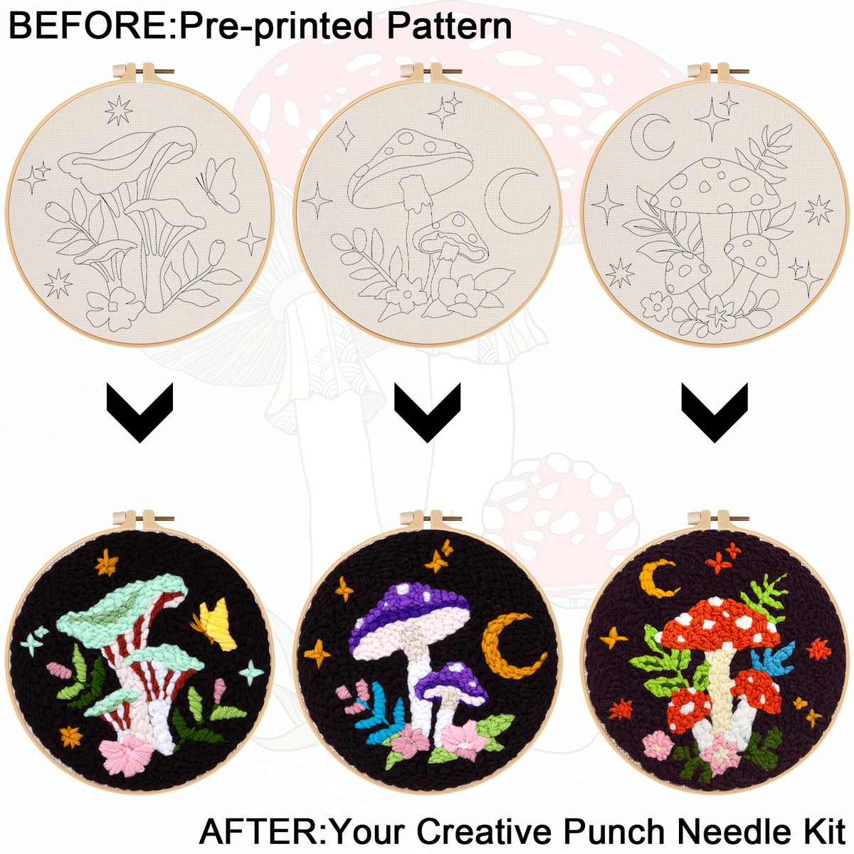 Nuberlic 3 Pack Punch Needle Kits for Beginners Mushroom Embroidery Pattern with Hoop Embroidery Punch Needle Starter Craft Set, Perfect Handmade Gift for Adults & Teens (Beginner-Friendly Crafts)