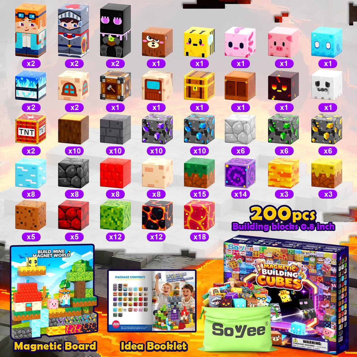 Soyee Magnetic Blocks 200 PCS - Magnetic Building Cubes Toys Build Mine Magworld Craft Cubes Portal Theme STEM Toys for Kids Ages 3-5 4-8 8-12 Birthday Gifts Boys Toys Ages 6-8