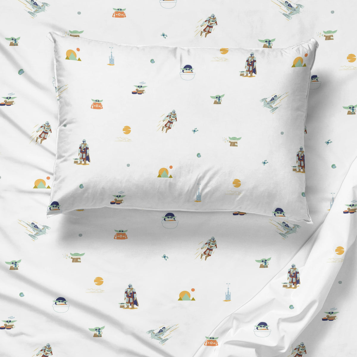 Sunny Side Up Kids Sheet Set with Fitted, Flat Sheets & Pillow Cover - Ultra-Soft Bedding with Pillowcase for Room Decor, White - Star Wars Mandalorian, 3 Piece Twin