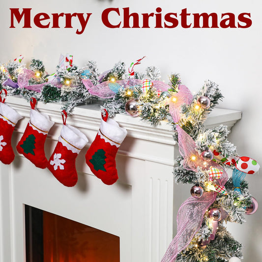 Riceshoot 6 ft Pastels Christmas Garland with Lights for Mantle Pink Candy Xmas Garland Macarons Christmas Decorations for Front Door Fireplace Porch Table Centerpiece Outdoor Party Decor