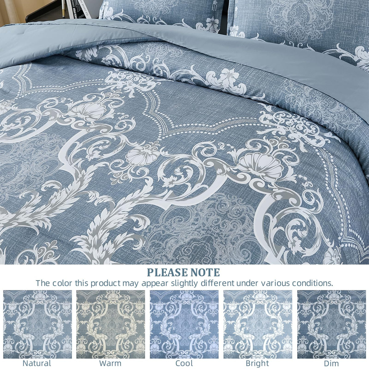 Mybedsoul Bluish Grey Queen Comforter Set, 7 Pieces Boho Bed in a Bag for Queen Bed, Damask Comforter with Sheets Pillowcases, Soft Microfiber Lightweight Bedding Sets for All Season(90"x90")