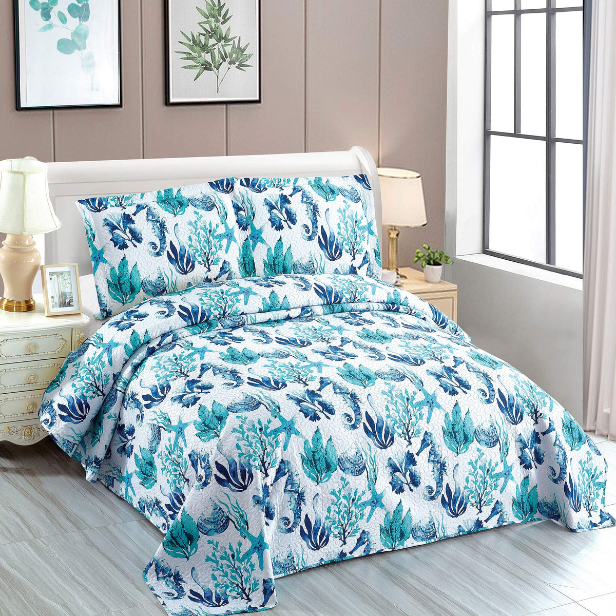 Bedspread Set King Size Quilts Beach Bedding Coastal Ocean Reversible Quilts Summer Bedspread Coverlet Soft Lightweitht Quilt Bedding Tropical Bed Set Home Collection Quilt with Shams Aqua
