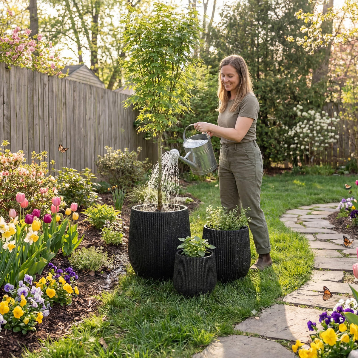 DTY Premium Mt Wilson Tall Tapered Fiberstone Planter for Indoor Outdoor Use, Modern Large Olive Tree Pot with Drainage Hole, 2 Coco Mats. Ribbed Black, Medium 15'' D x 16.7ā H. 11.2ā Pot Opening