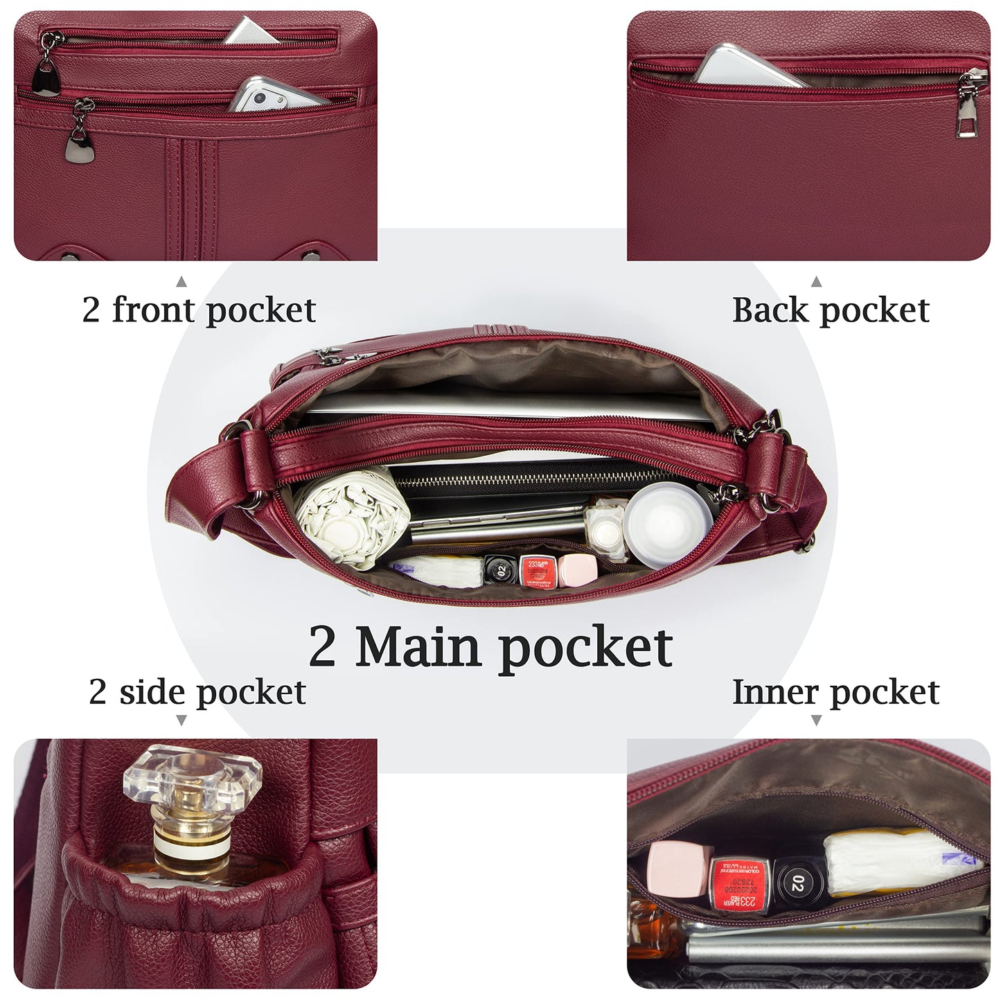 Women Soft PU Leather Shoulder Handbag Multi Pocket Crossbody Bag Ladies Medium Roomy Purses Fashion Tote Top Handle Satchel(Red)
