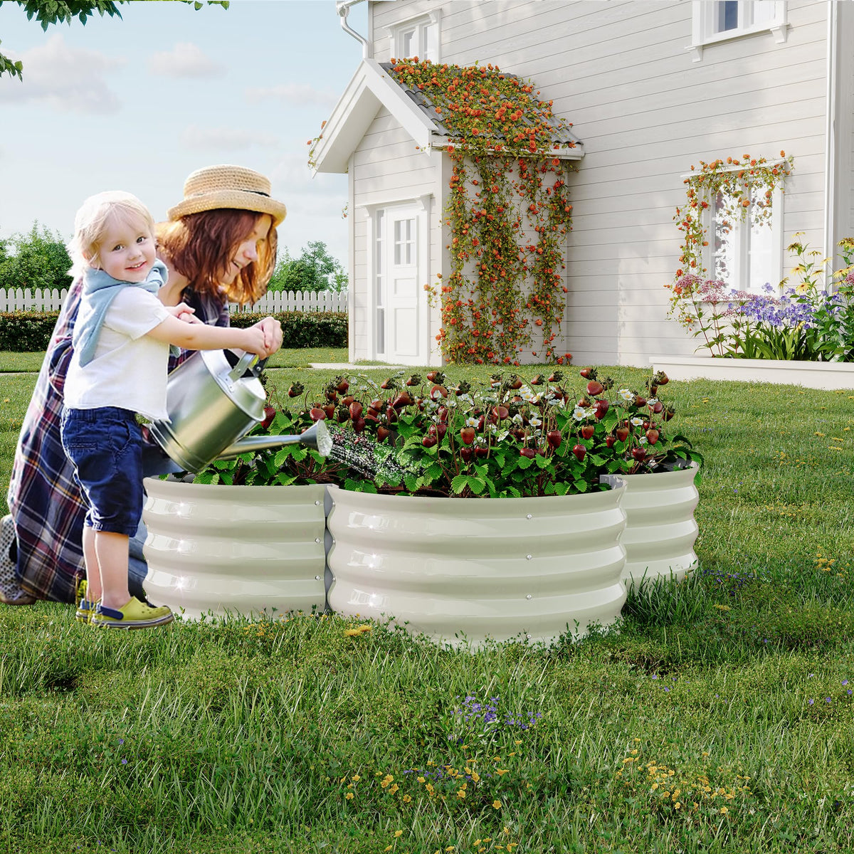 2 Pack Galvanized Raised Garden Bed – 4x4x1 ft Raised Beds-Coated Metal Planter Box with Floral Edge, Easy Assembly Rust-Resistant Outdoor/Indoor Garden Box for Vegetables, Flowers, Herbs, White