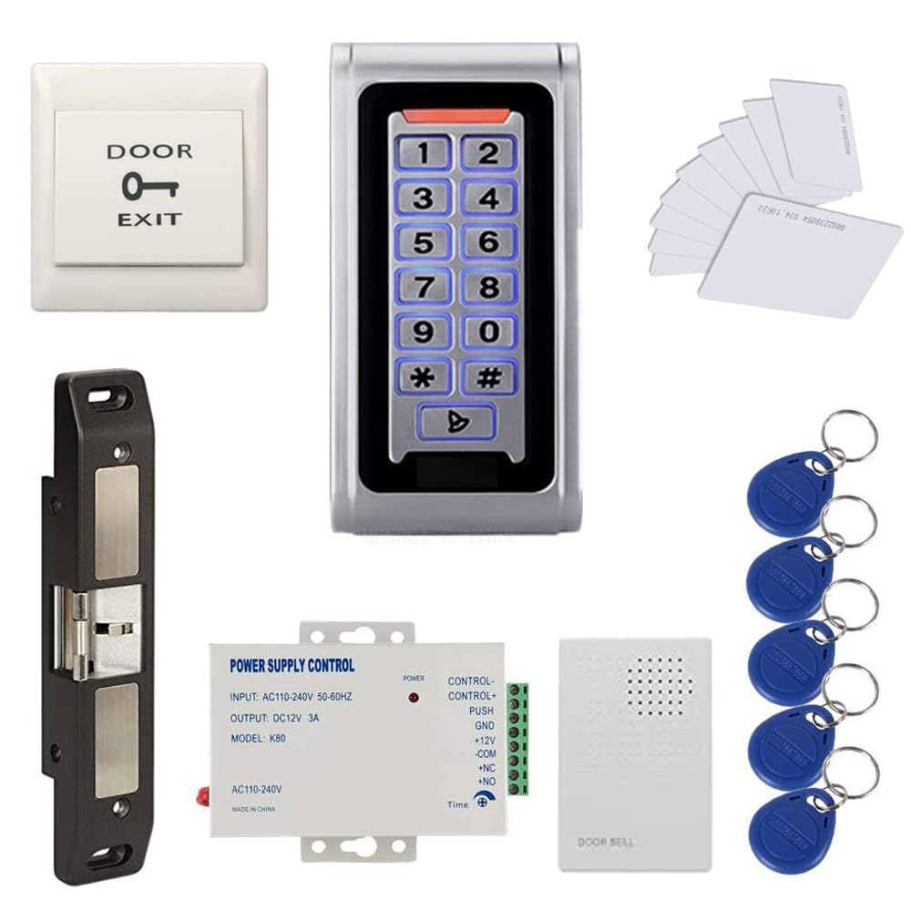 MENGQI-CONTROL Waterproof Metal RFID+PIN Code Door Security Access Control System Kits with Push Bar Strike Lock,110V-240V Power Supply Unit,Exit Button,RFID Cards/Key Fobs