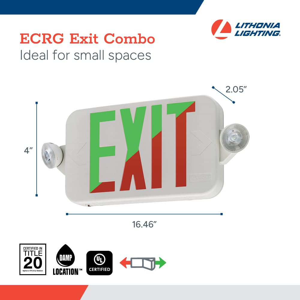Lithonia Lighting Basics LED Exit Sign/Emergency Light Combo, Red/Green Switchable Exit Sign and Emergency Lights for Business, 2-Head Fixture, Round Lights, Remote Capacity, White (ECRG HO RD M6)