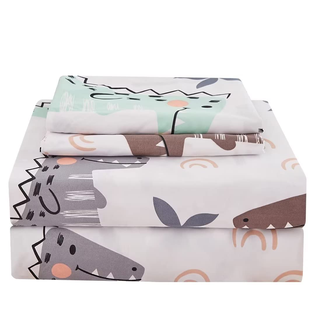 JSD Dinosaur Kids Sheet Set Twin Size, 3 Piece Palm Tree Printed Microfiber Bed Sheets Deep Pocket