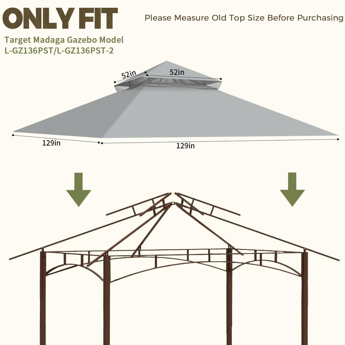Replacement Canopy Top for Target Madaga Gazebo Model L-GZ136PST (Gray)