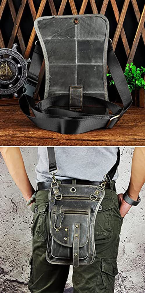Le'aokuu Mens Genuine Leather Outdoor Sporting Hicking Waist Hip Pack Sling Messenger Shoulder Drop Leg Thigh Bag Pouches For Women (2141 2 Grey)