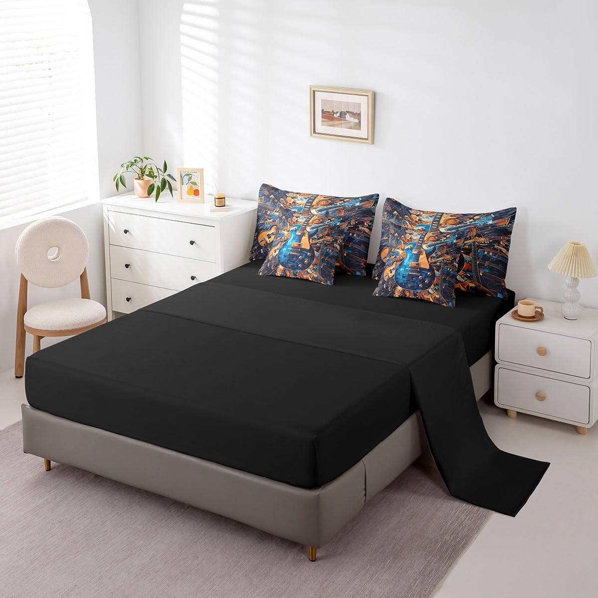 Feelyou Guitar Comforter Set with Sheets Queen Size Rock Music Bed in a Bag for Boys Girls Teens Blue Brown 7 Pieces Bedding Set Soft Lightweight Microfiber