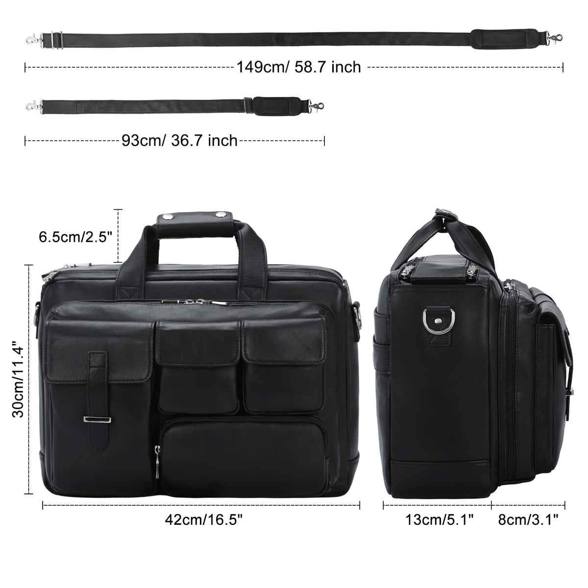 TIDING Genuine Leather Briefcase For Men 17.3 Inch Laptop Case Multi Pockets Business Travel Shoulder Messenger Bag_Black