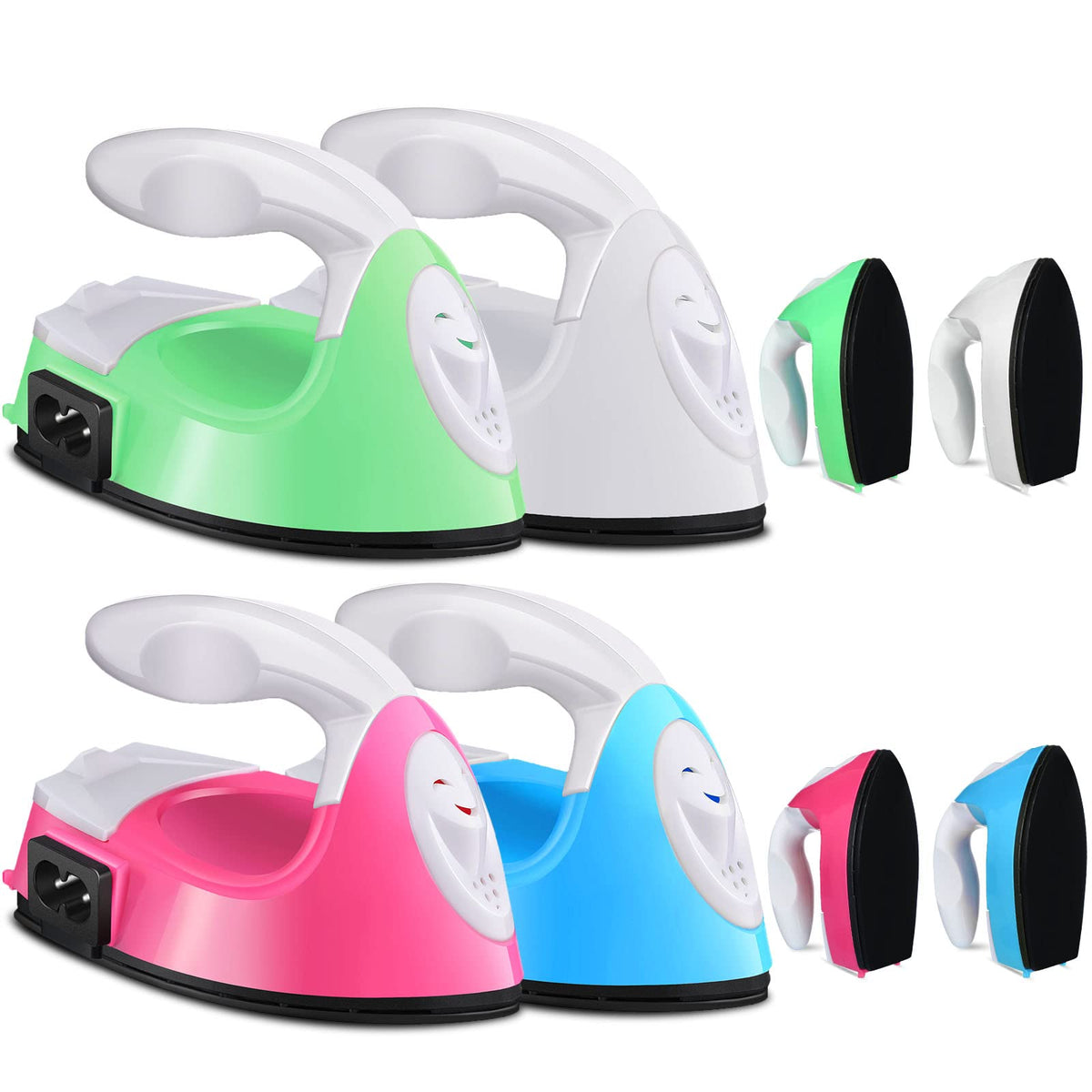 Zhehao 4 Pcs Mini Craft Iron Small Heat Press 3.39 x 2.36 x 2.56 Portable Heat Transfer Machine with Charging Base Accessories DIY Clothe Bead Patch Bag Hat Vinyl(Rose Red, Green, Blue, White)