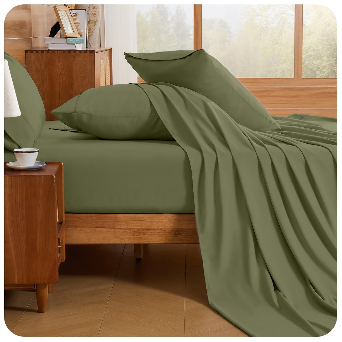 Loyalberry Queen Sheet Set- 6 Piece Breathable & Cooling Sheets | Ultra-Soft Hotel Luxury Bed Sheets | 18" Deep Pocket | Wrinkle, Fade, Stain Resistant (Olive Green, Queen)