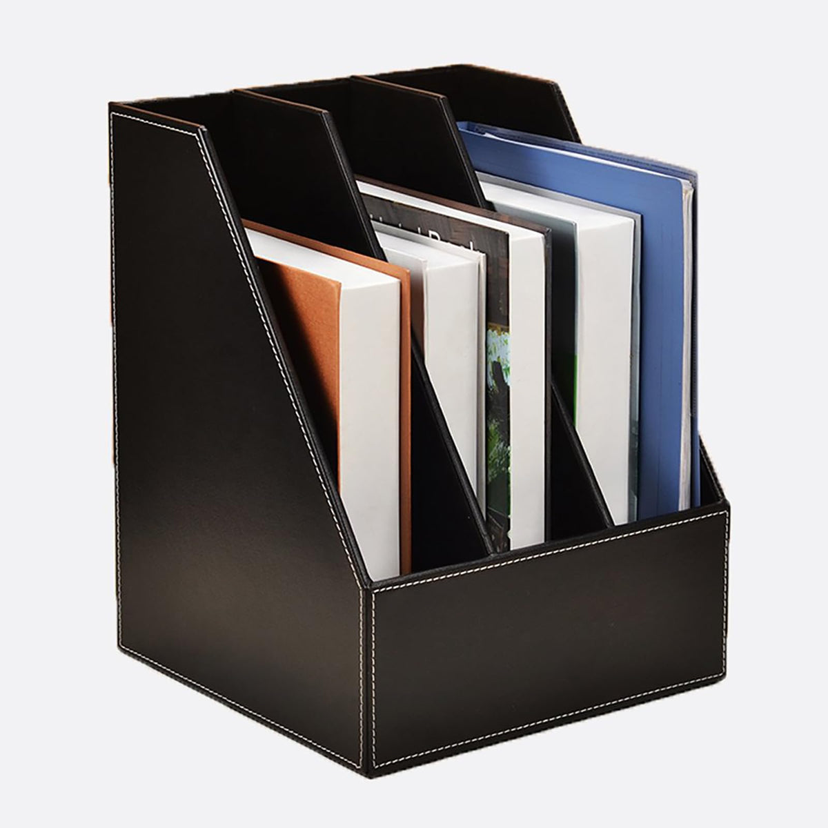 3 Tier Leather Magazine Holder - Vertical File Organizer with PU Leather Cover, Handmade Office Desk Organizer for A4/A3 Documents, Magazines, Books - Black (3 slot)