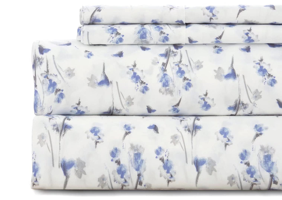 California King Sheet Set 4PC Printed Light Blue Flower Pattern Double Bed Luxury Cooling Soft 100% Microfiber Brushed Sheets 17” Deep Pocket, Easy Care, Breathable, Wrinkle Free, Machine Washable