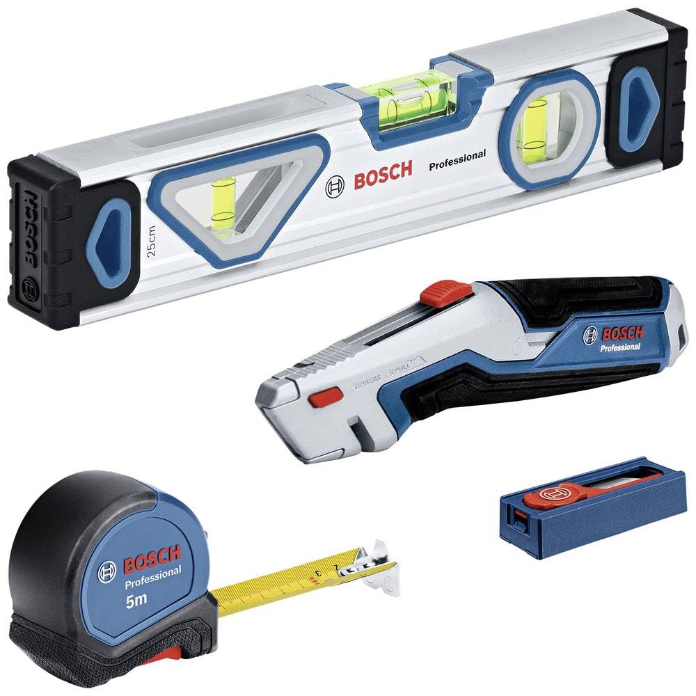Bosch Professional 13-Part Professional Tool Set (with 25 cm Spirit Level, 5 m Measuring Tape, Utility Knife with Retractable Blade and 10-Part Blade Set)