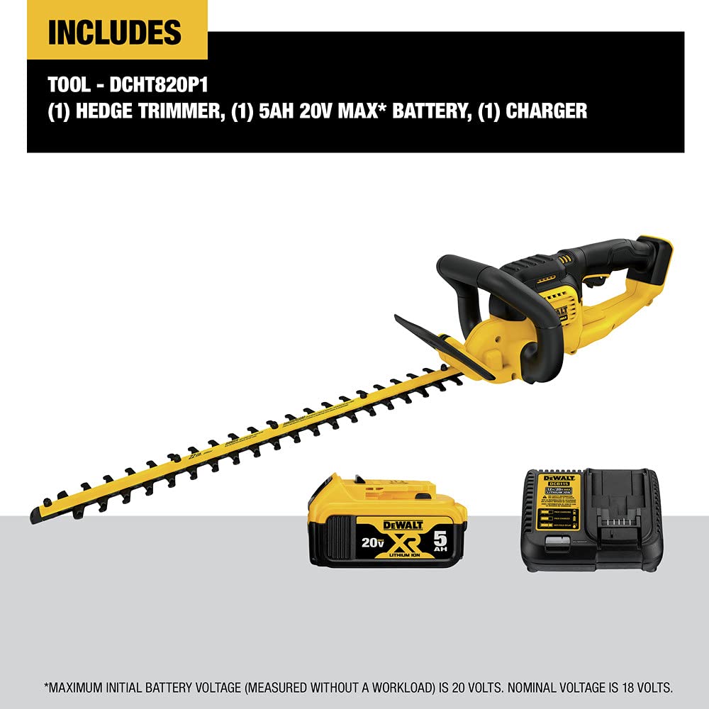 DEWALT 20V MAX* Cordless Hedge Trimmer, 5.0 Ah, 22-Inch (DCHT820P1)