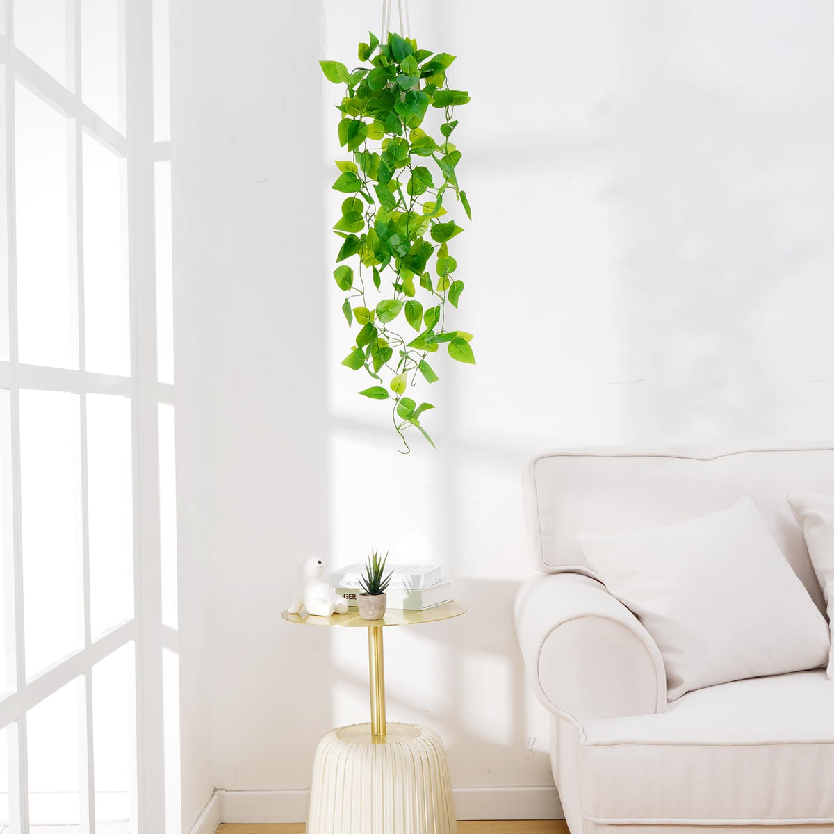 BLEUM CADE 1pcs Fake Hanging Plants Kit with Pot and Plant Hanger, Artificial Pothos Vines Hanging Potted Plant Greenery for Home Living Room Indoor Outdoor Decor