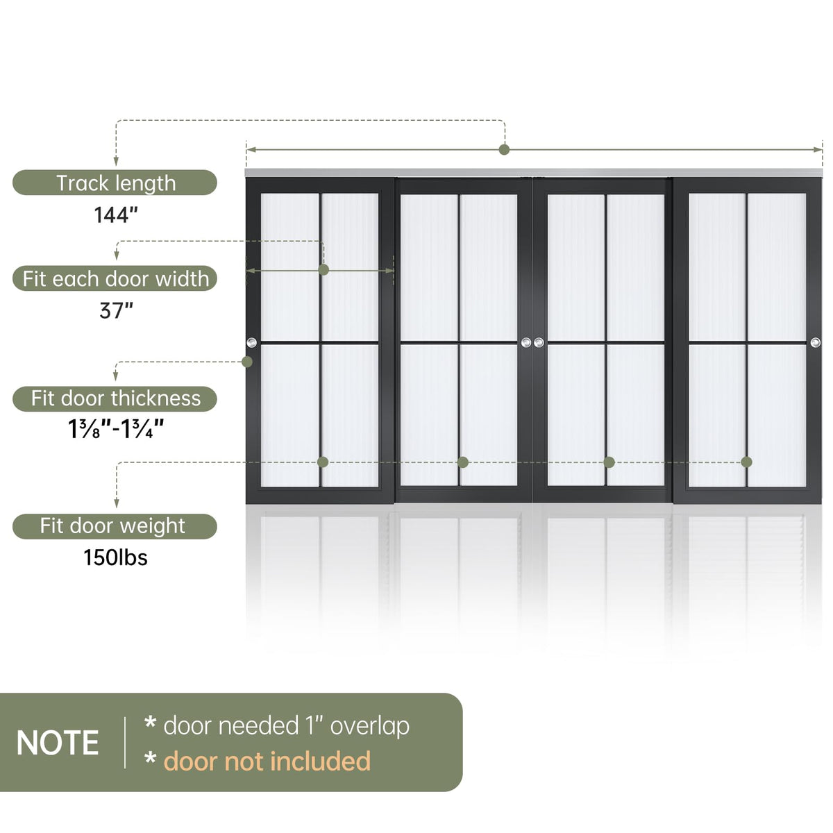 EaseLife 12FT/144in Bypass Double Sliding Pocket Door Hardware Kit,Commercial Grade,Aluminum,Bypassing Wardrobe Closet Door Track for 4 Door System,Slide Smoothly Quietly,Easy Install,No Door