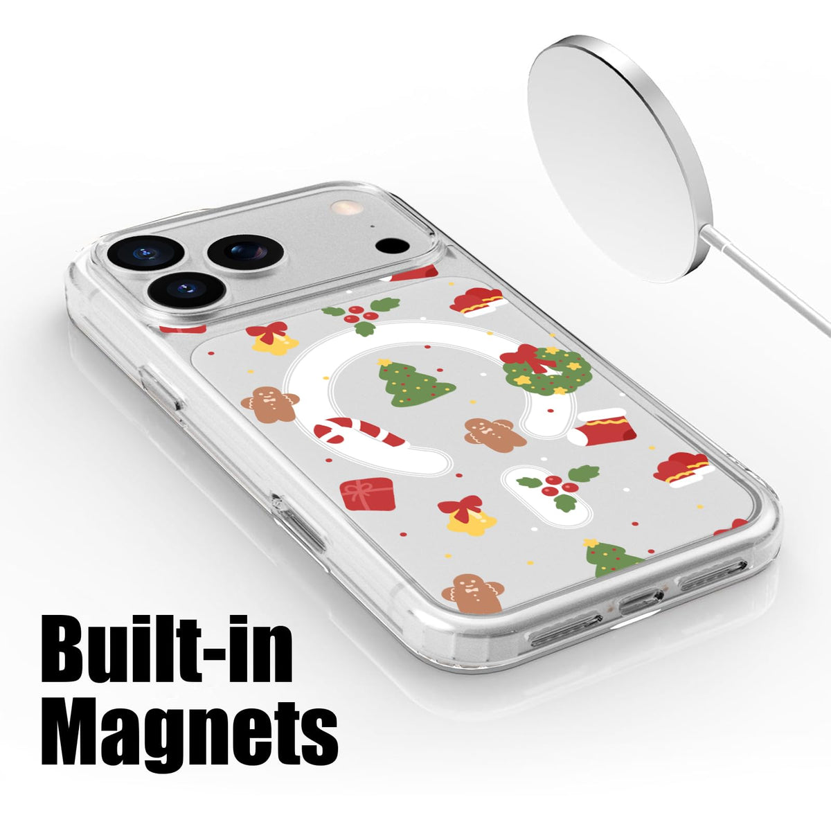 MAYCARI Christmas Phone Case for iPhone 17 Pro Max Compatible with Magnet Cute Wreath Candy Cane Clear Magnetic Phone Cover for Girls Women TPU Hard Back Shockproof Protective Case for Apple 17PM 6.9"