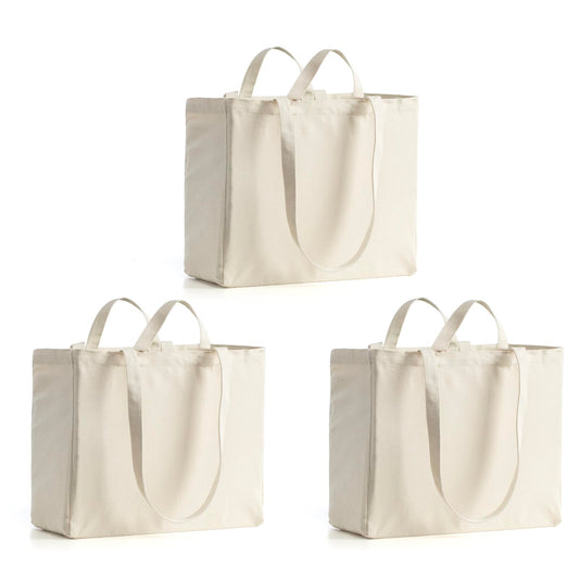 LINICE Canvas Tote Bag Reusable Grocery Bags with Long Shoulder Strap and Short Handle Foldable Heavy Duty Washable (3 Pack)