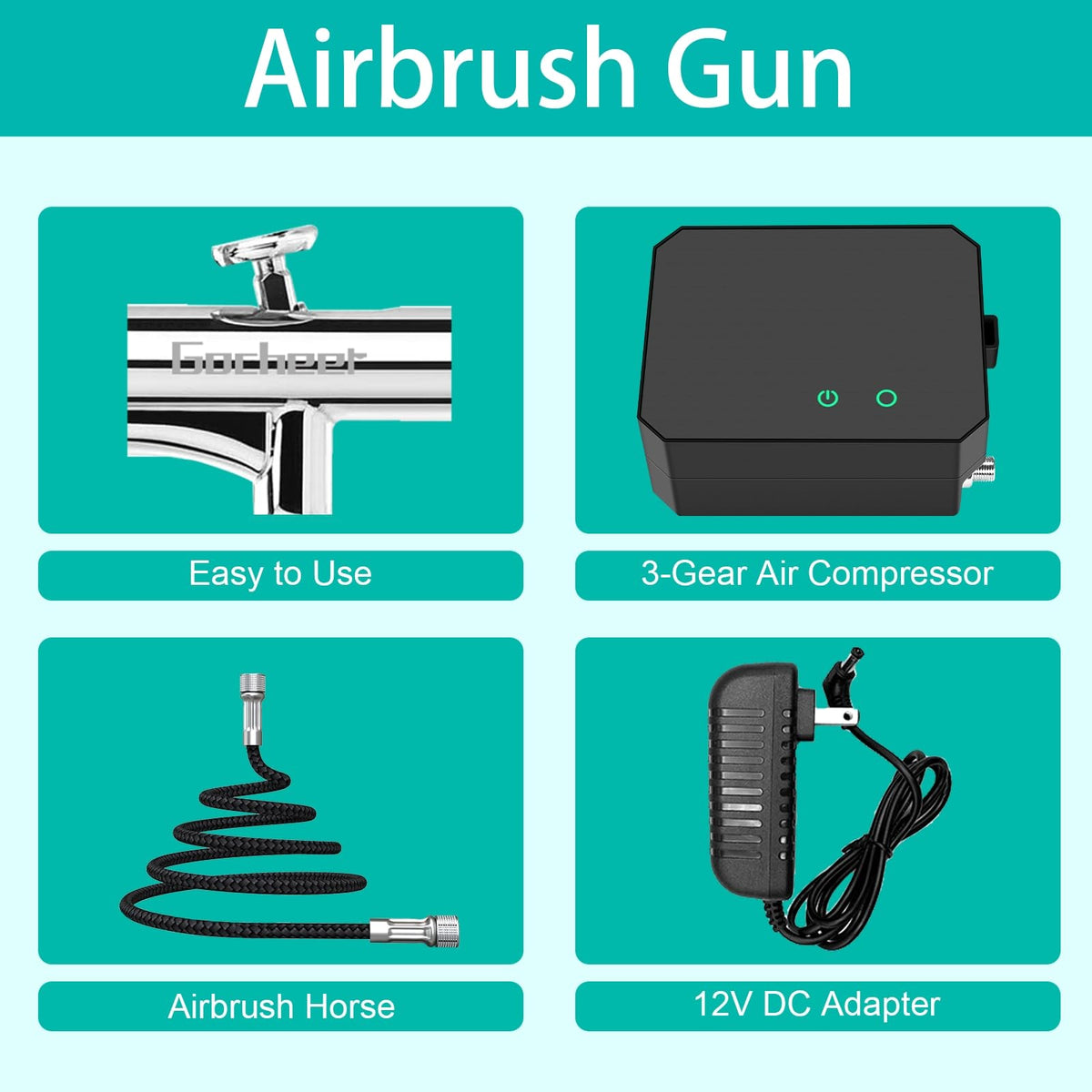 Gocheer Airbrush Kit with Air Compressor, 40 48 PSI High Pressure Air Brush Non-Clogging with 0.2/0.3/0.5mm Nozzle/Cleaning Sets, Ideal for Painting, Modeling, Cake Decor, Makeup (Black, 40 PSI)