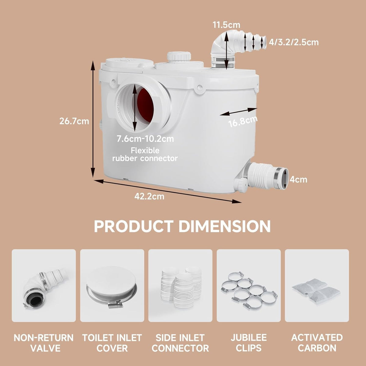 Macerator Pump with 4 Inlets - 23ft Upflush Sewage Grinder System for Toilet, Sink, Shower & Laundry, Quite Copper Motor & Odor Control, Ideal for Basement, Garage, Dorm, Wet Bar (110V, 140°F Max)