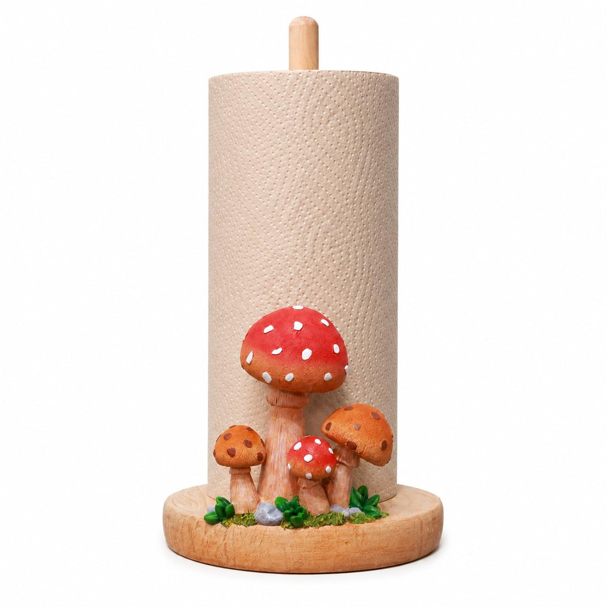 Mushroom Paper Towel Holder, Hand-Carved Resin & Wood Tissue Holder with Large Non-Slip Base, Decorative Kitchen Countertop Paper Towel Stand for Bathroom, Living Room, Farmhouse Decor