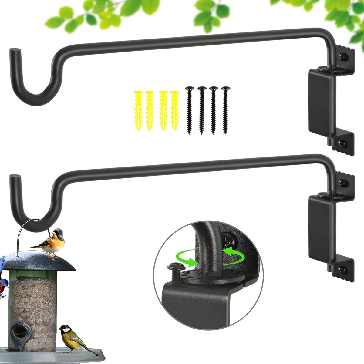 16"Swivel Plant Hanger - 360° Outdoor Hanging Brackets with 12-Directional Adjustable Hook, Rust Resistant Solid Steel Wall Mount for Bird Feeders, Indoor/Outdoor Plants, Garden & Patio, Pack of 2