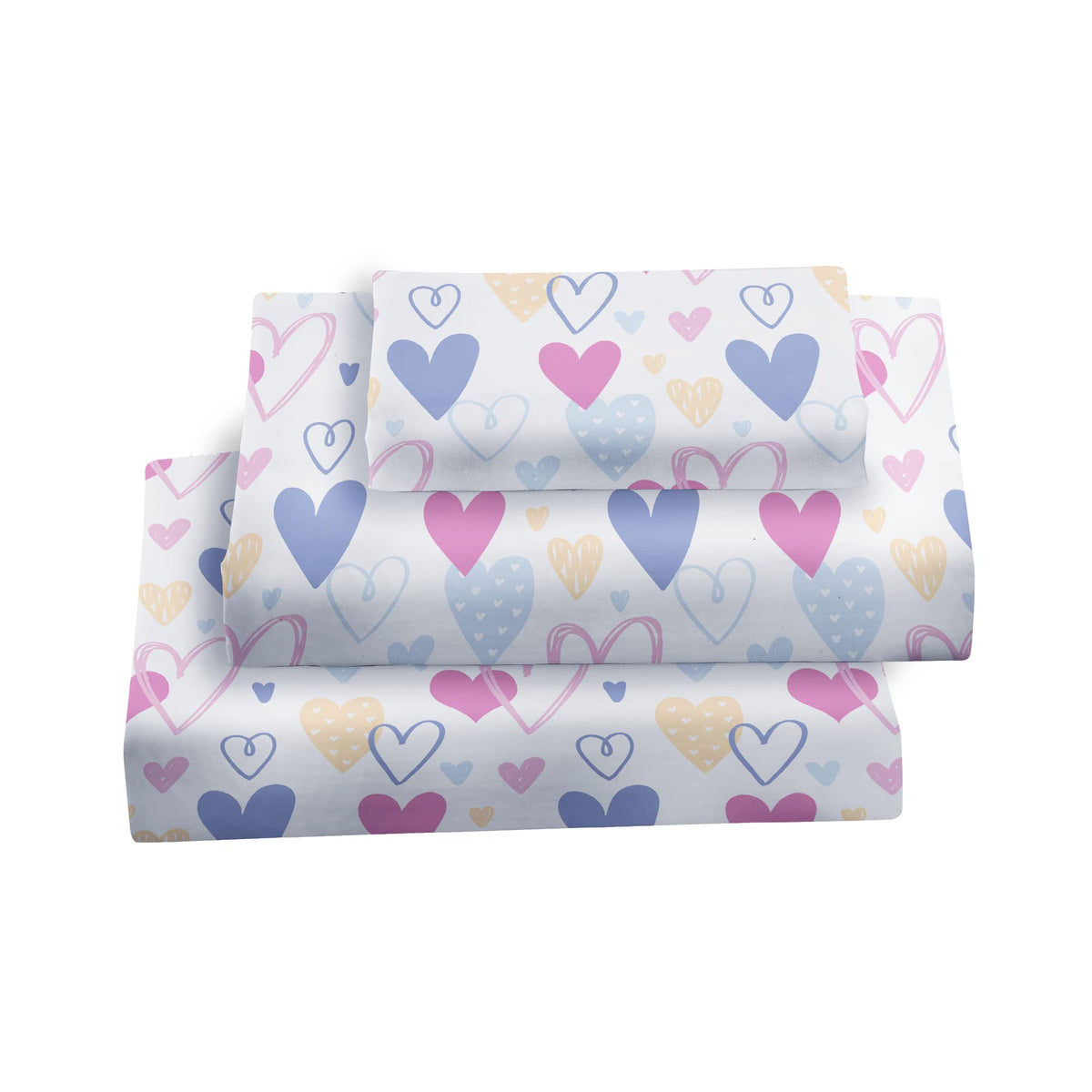 Softan Kids Bed Sheet Set, 4-Piece Full Size Sheets, Microfiber Fitted Sheet with 15 Inches Deep Pocket and Corner Straps, Breathable & Silky Soft Love Heart Pattern Sheet and Pillowcase Sets