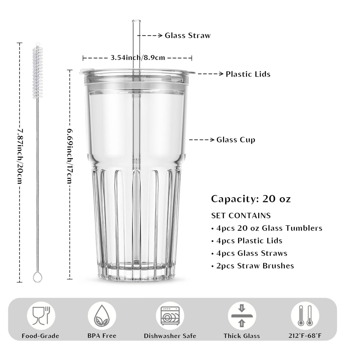 INSETLAN 20 oz Clear Glass Tumbler Set with Lids and Straws – 4-Pack Iced Coffee Cups with Glass Straws & Brushes, Reusable Drinking Glasses for Smoothies, Tea, Juice, Beer, Cold Beverages
