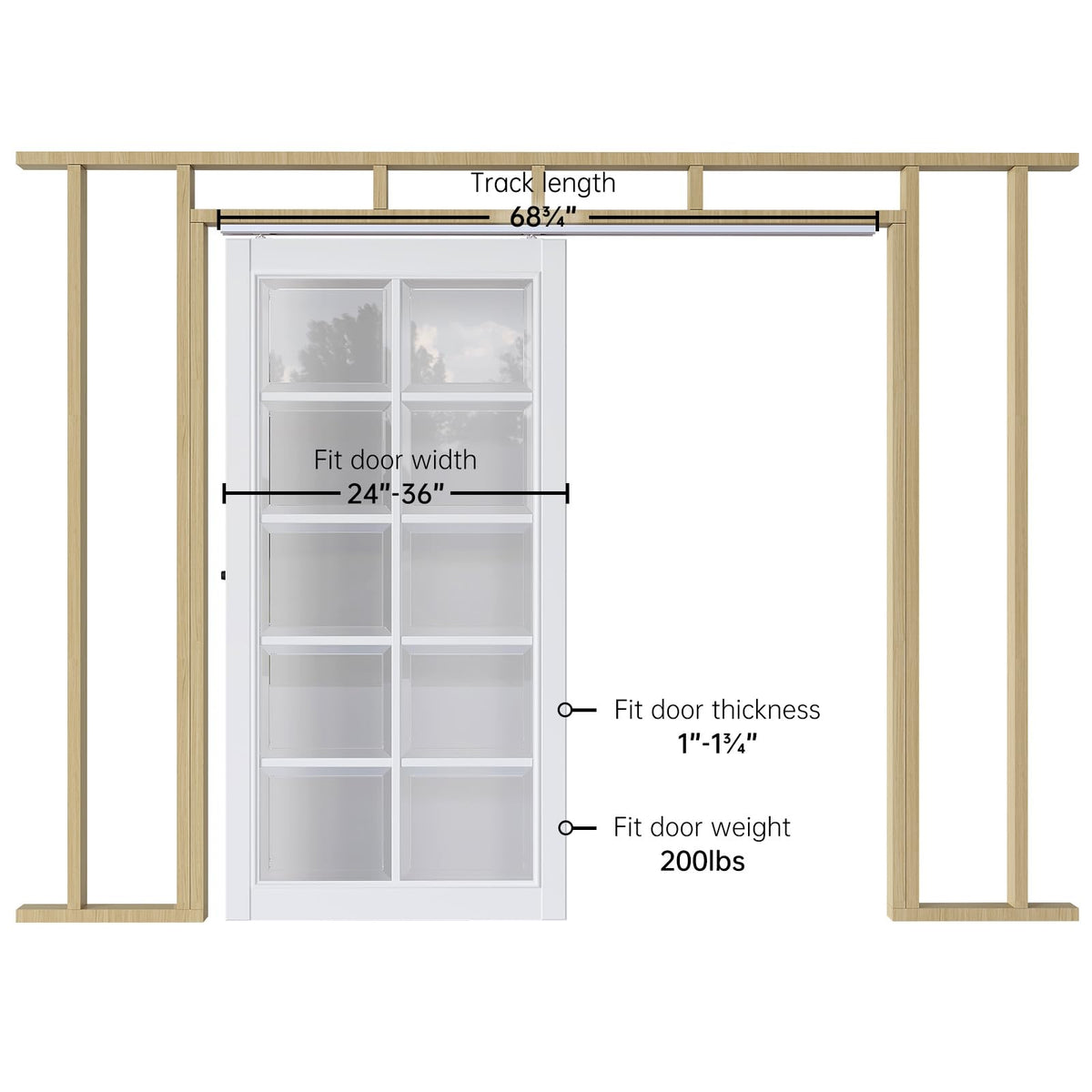 EaseLife 6FT/72in Sliding Pocket Door Hardware Kit,Commercial Grade,Aluminum Box Rail Kit,Slide Smoothly Quietly,Easy Install,No Door (68.75in Track for 24"~36" Wide Single Door)
