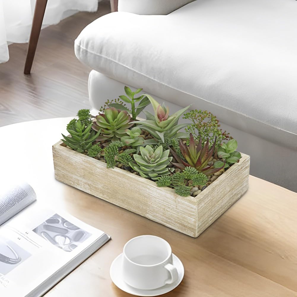 Artificial Succulent Plants in Pot 10 Inch Fake Succulent Arrangement Potted Succulents Plants Centerpiece in Rectangular Wooden Planter for Home Office Desk Shelf Living Room Bedroom Farmhouse Decor