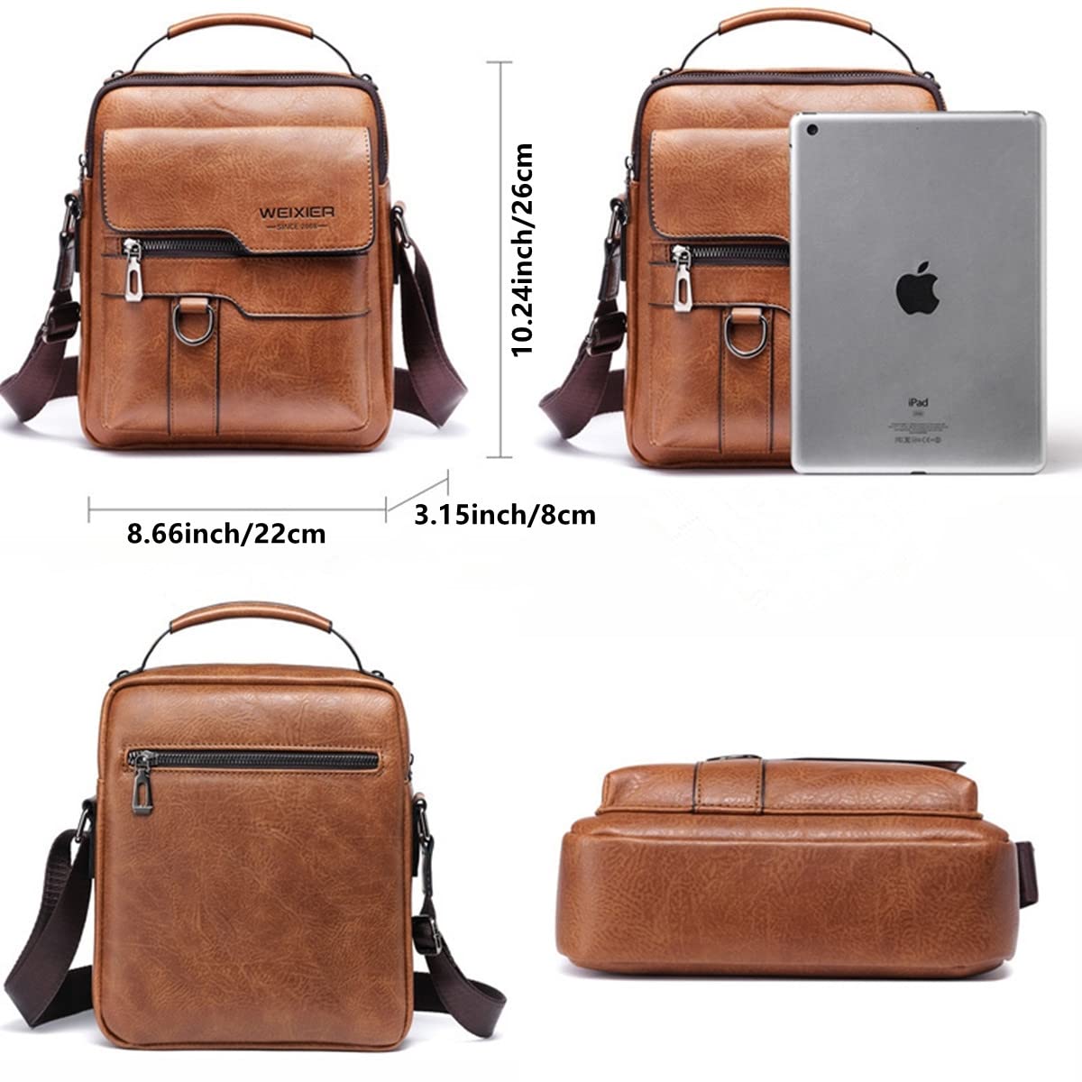 Hjkiopc Zipper Buckle Leather Messenger Bag Vintage Handle Bags (Red-brown)