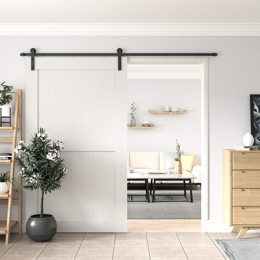 WINSOON 8FT Barn Door Hardware Kit: Single Sliding Door Hardware - Heavy Duty Black Barn Doors Track Kit - Carbon Steel Sliding Barn Doors Rail - J-Shape Easy to Install for 53" Closet Panel(No Door)