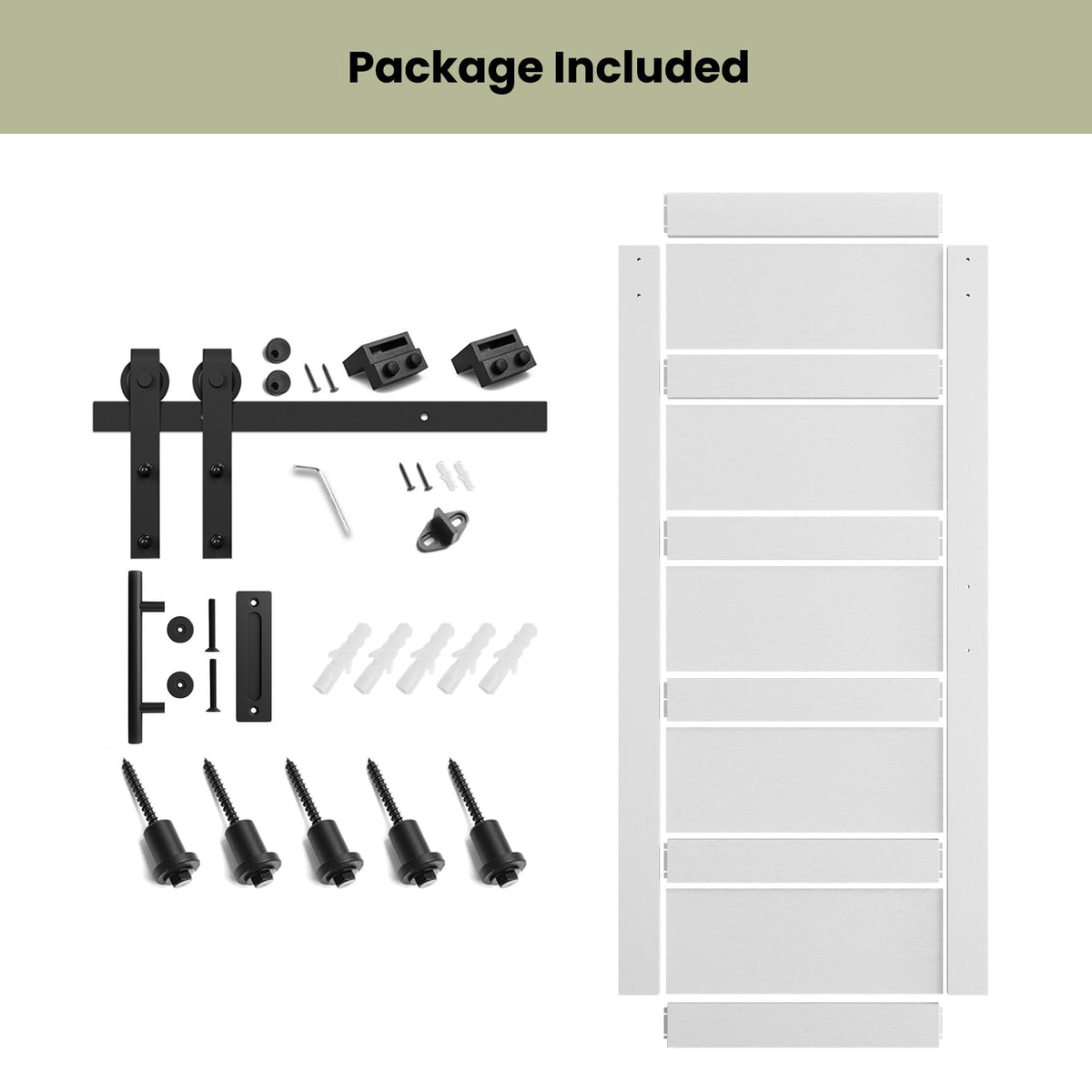 SmartStandard 36in x 84in Sliding Barn Door with 6.6FT Barn Door Hardware Track Kit & Handle, Waterproof PVC Surface, Pre-Drilled Holes Easy to Assemble, Solid, MDF, White, 5-Panel