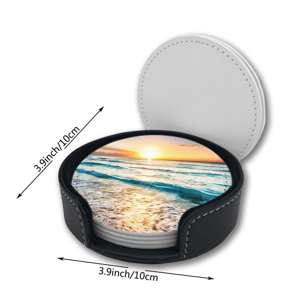 Ocean Theme Sand Beach Wave Sea Water Pattern Leather Drinks Coasters with Holder Set of 6, Suitable for Kinds of Cups