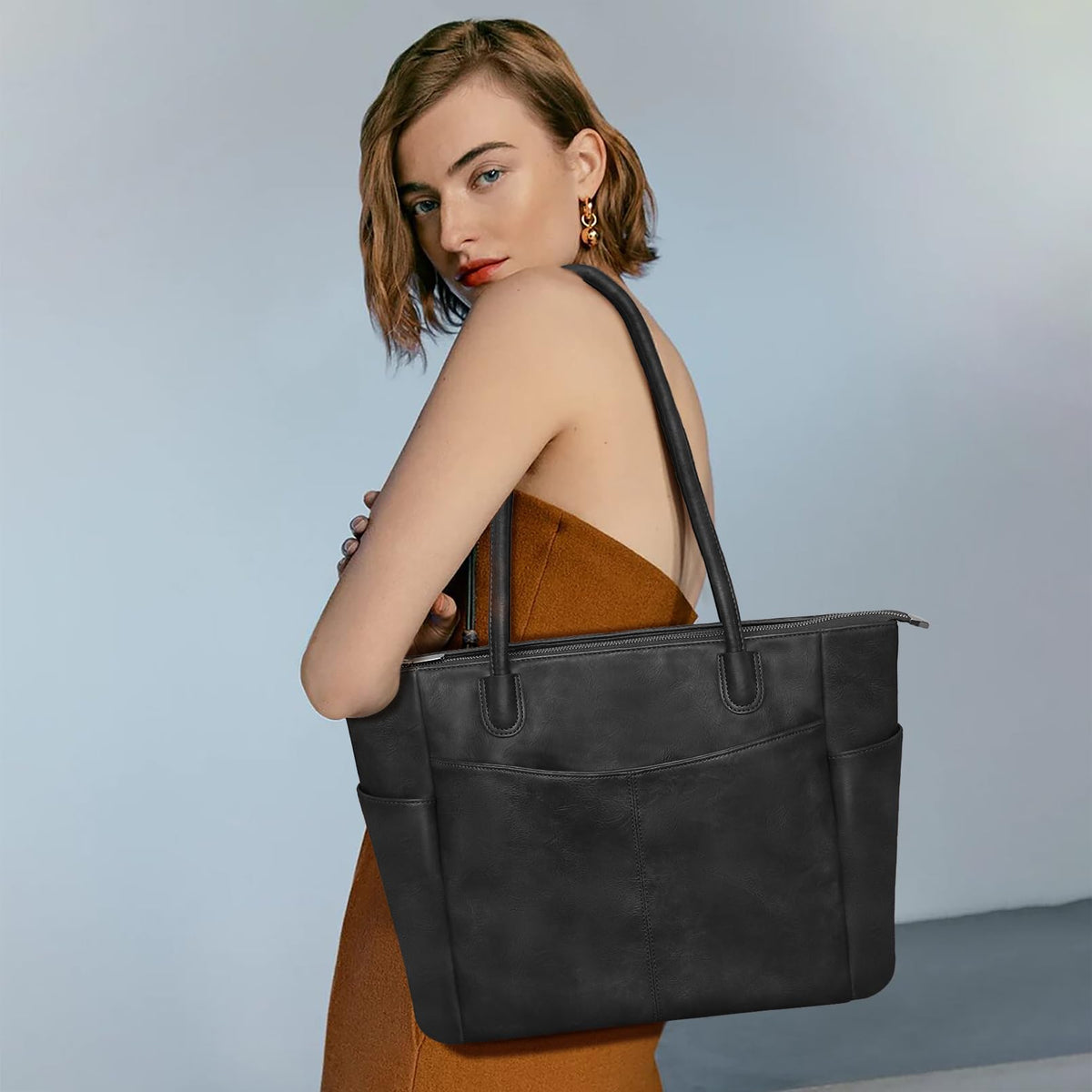 monrich Large Black Tote Bag for Women Work Vegan Leather 23L Womens Tote Purse with Zipper Ladies Handbags
