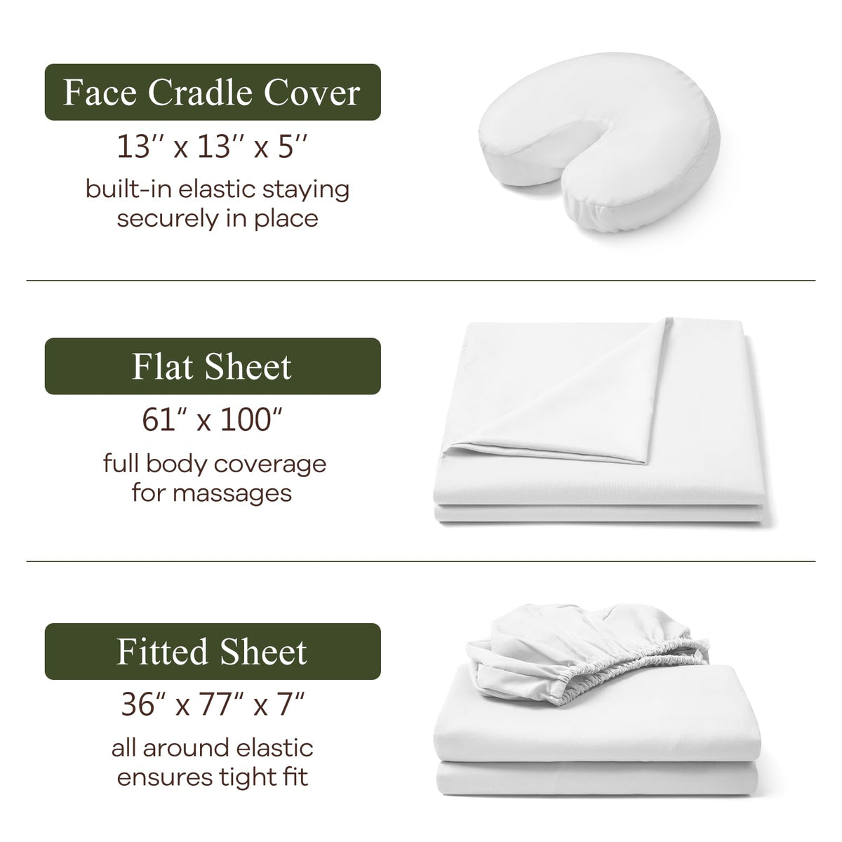 Comfyanno 3-Piece Massage Table Sheets Sets, Stain & Wrinkle Resistant, Soft Microfiber, Quick Drying, Professional Spa Therapy Bed Sheets, Includes Flat & Fitted Sheet, Face Cradle Cover -White